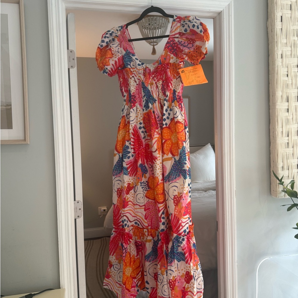 FARM Rio Pink and Orange Maxi Sundress with Puff Sleeves